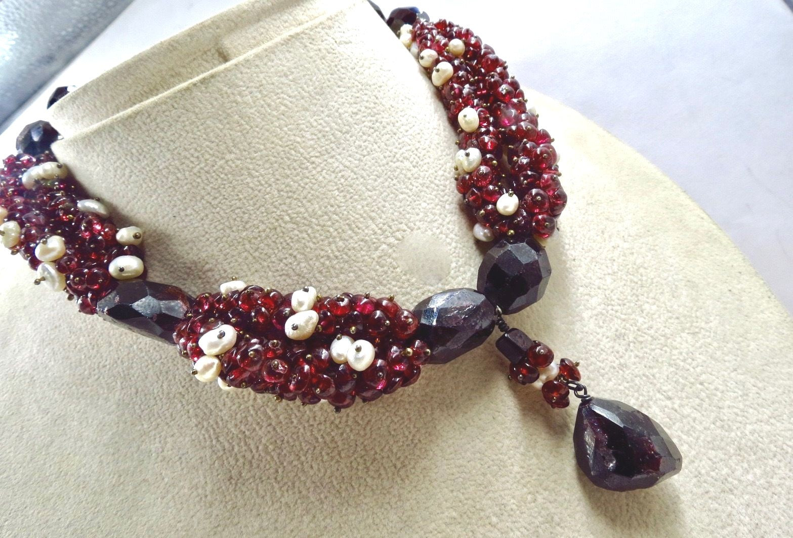 Natural Red Garnet Pearl Beads Sterling Silver 783 Ct Designer Necklace