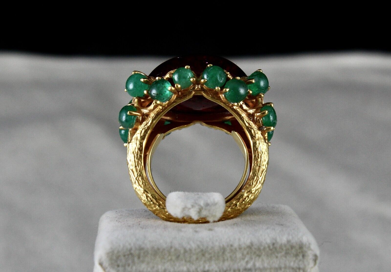 UNIQUE NATURAL PINK TOURMALINE EMERALD CABOCHON CARVED SILVER GOLD PLATED RING