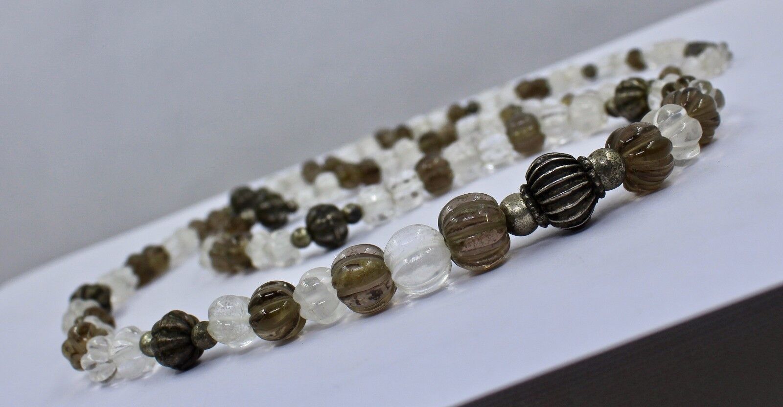 ESTATE SMOKY & CRYSTAL QUARTZ 925 STERLING SILVER BEADS 25"LONG FASHION NECKLACE
