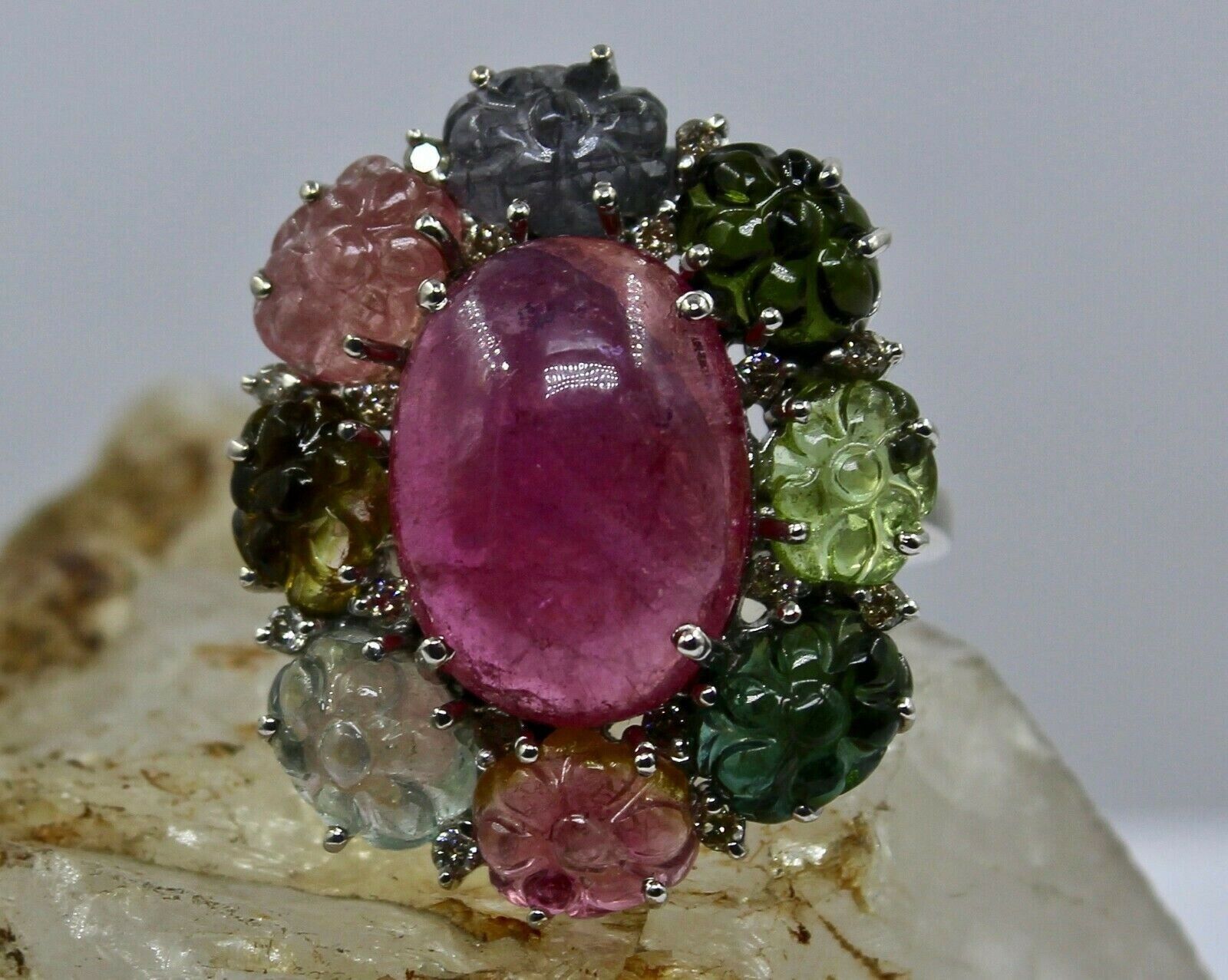MULTI COLOR TOURMALINE CARVED FLOWER DIAMOND RING IN 925 STERLING SILVER