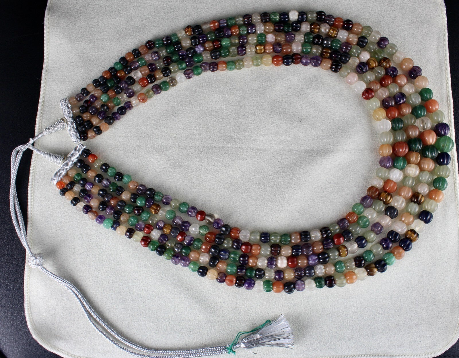 Vintage Multi Natural Semi Precious Carved Melon Beads Necklace 1360 Ct