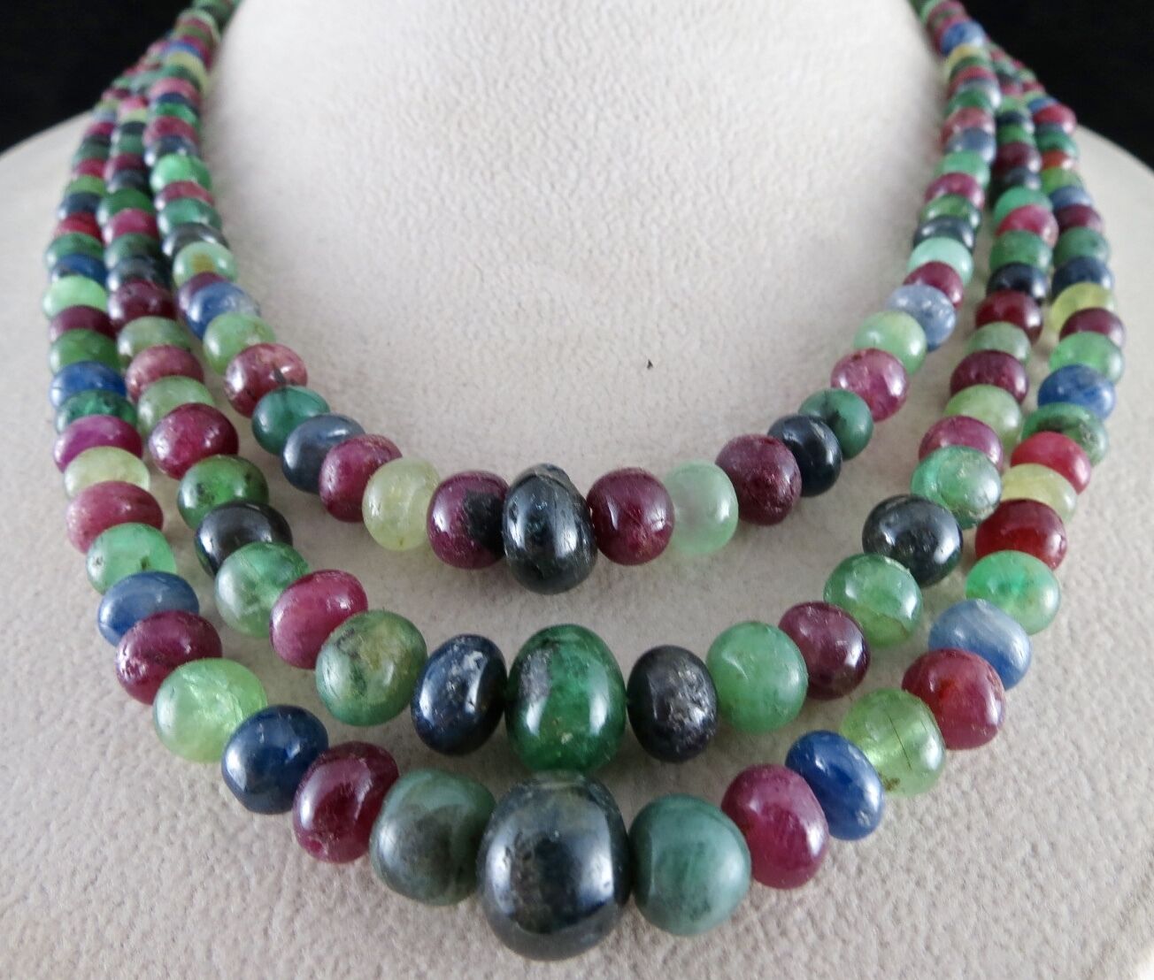 Certified Natural Emerald Ruby Blue Sapphire Beads Round 666 Ct Multi Necklace