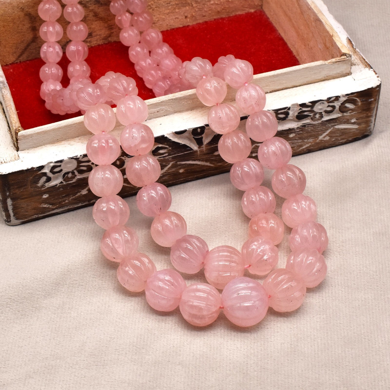 Certified Vintage Rose Quartz 1257 Ct Carved Beads Sterling Silver Necklace