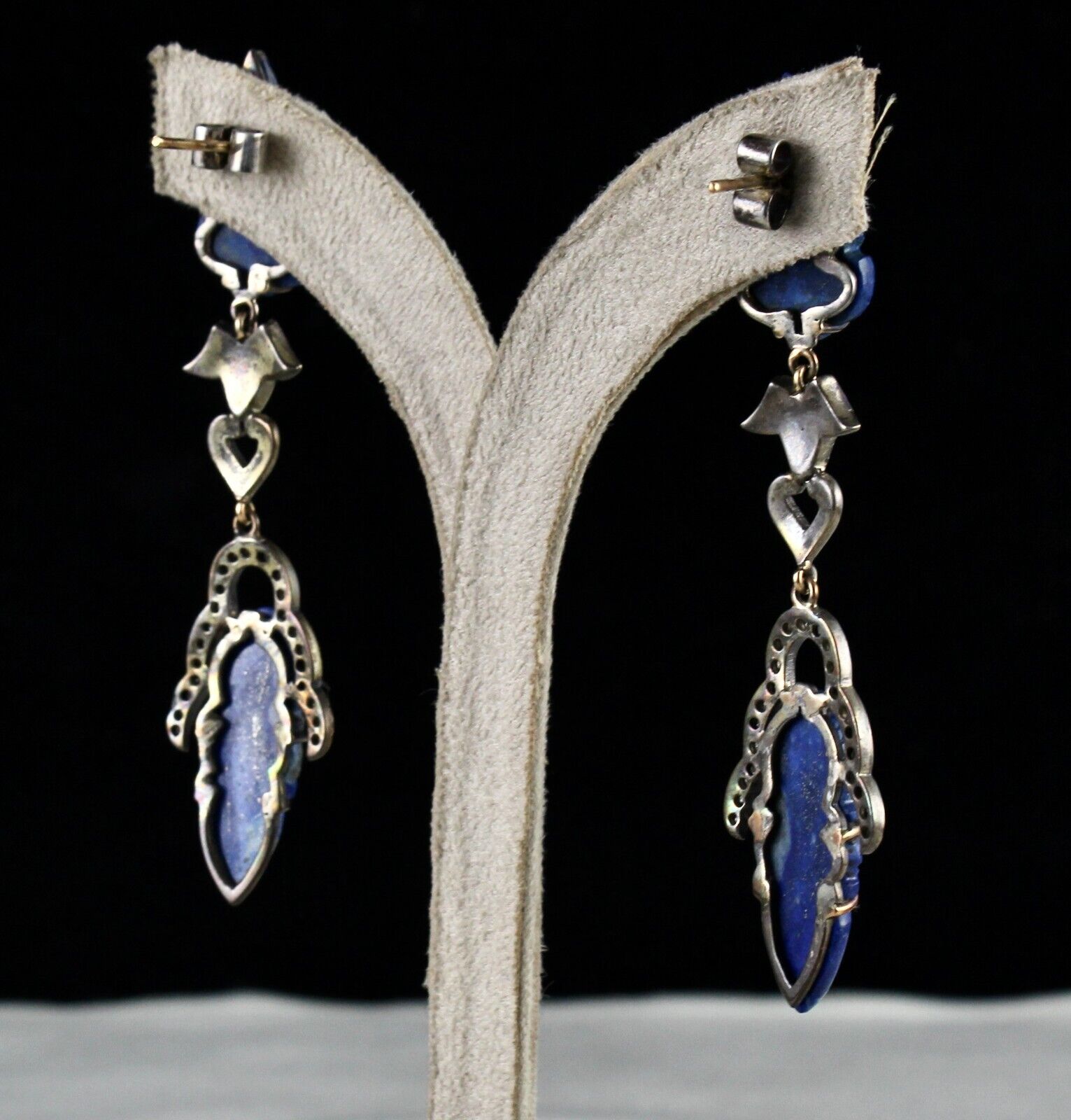 Natural Lapis Lazuli Engraved Leaf Diamond 18K Gold 925 Silver Victorian Earring