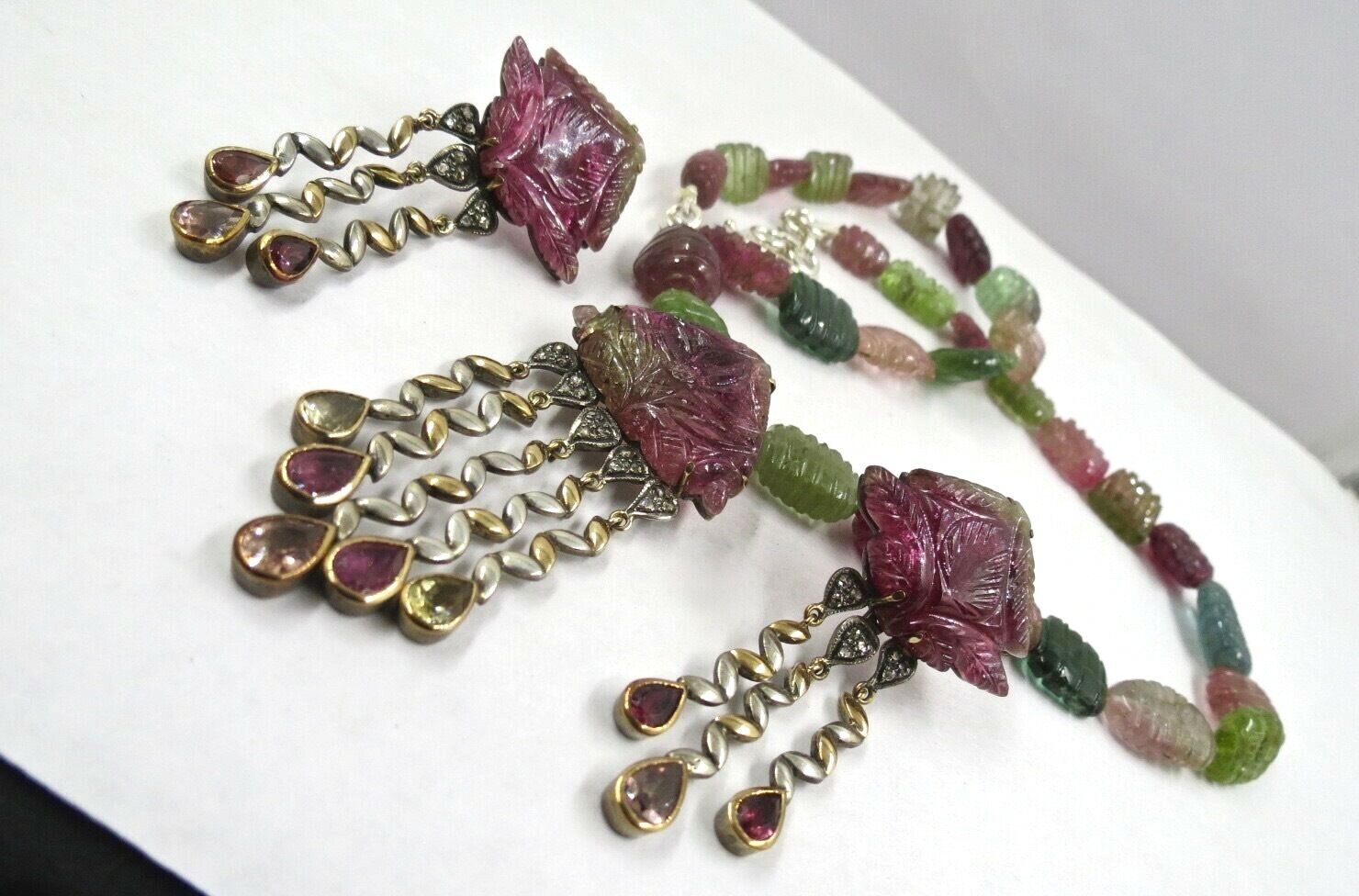 MULTI COLOUR TOURMALINE CARVED BEADS DIAMOND 18K GOLD SILVER PENDANT EARRING SET