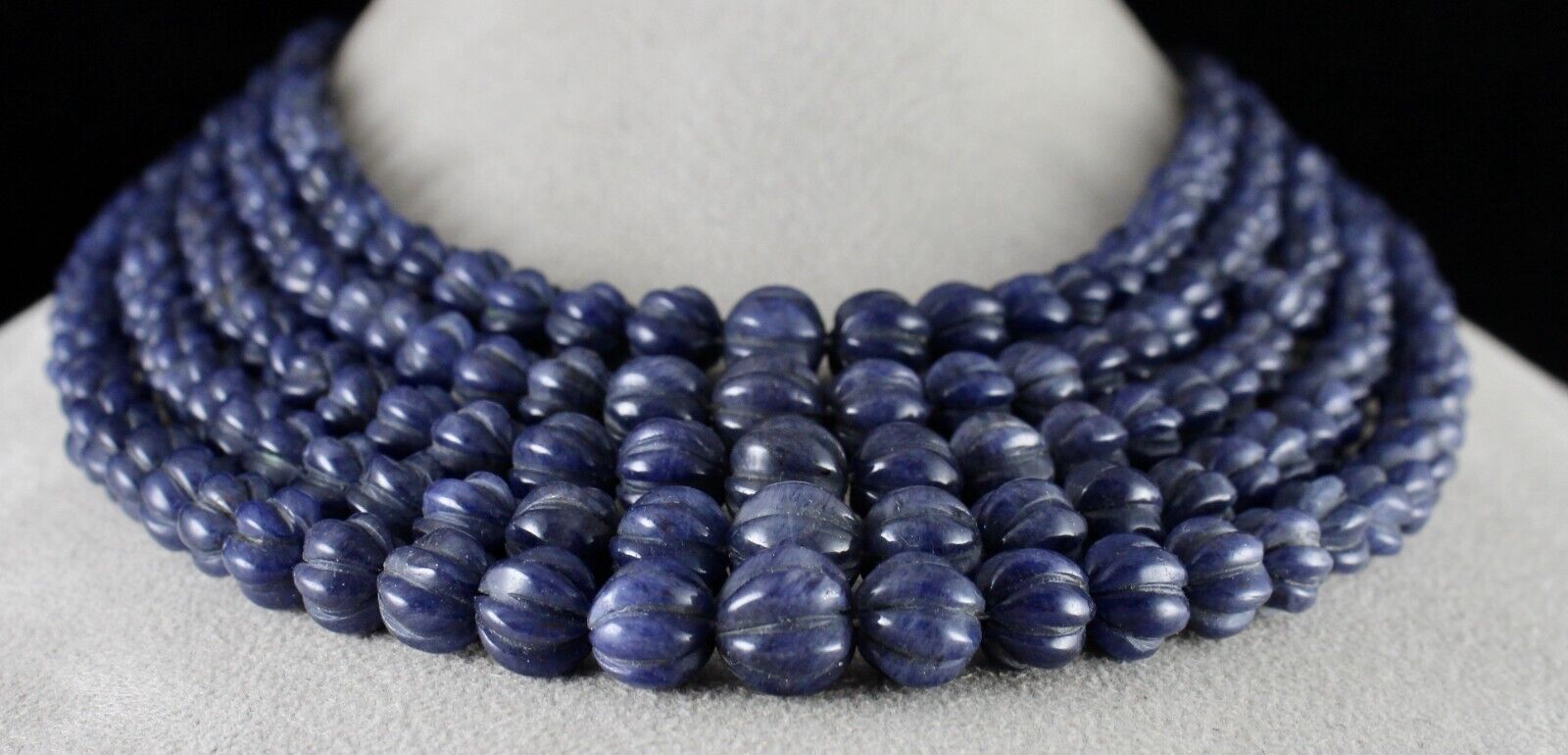 NATURAL BLUE JADE BEADS CARVED ROUND GEMSTONE 5 LINE 977 CTS FASHION NECKLACE