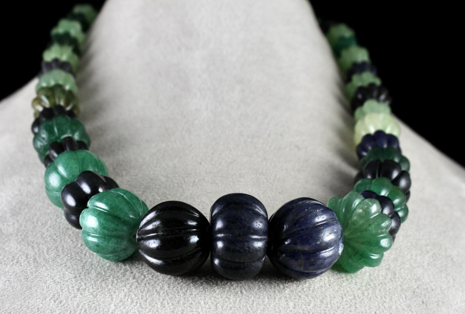Natural Multi Jade Melon Beads Necklace 960 Ct Blue Green Sterling Silver