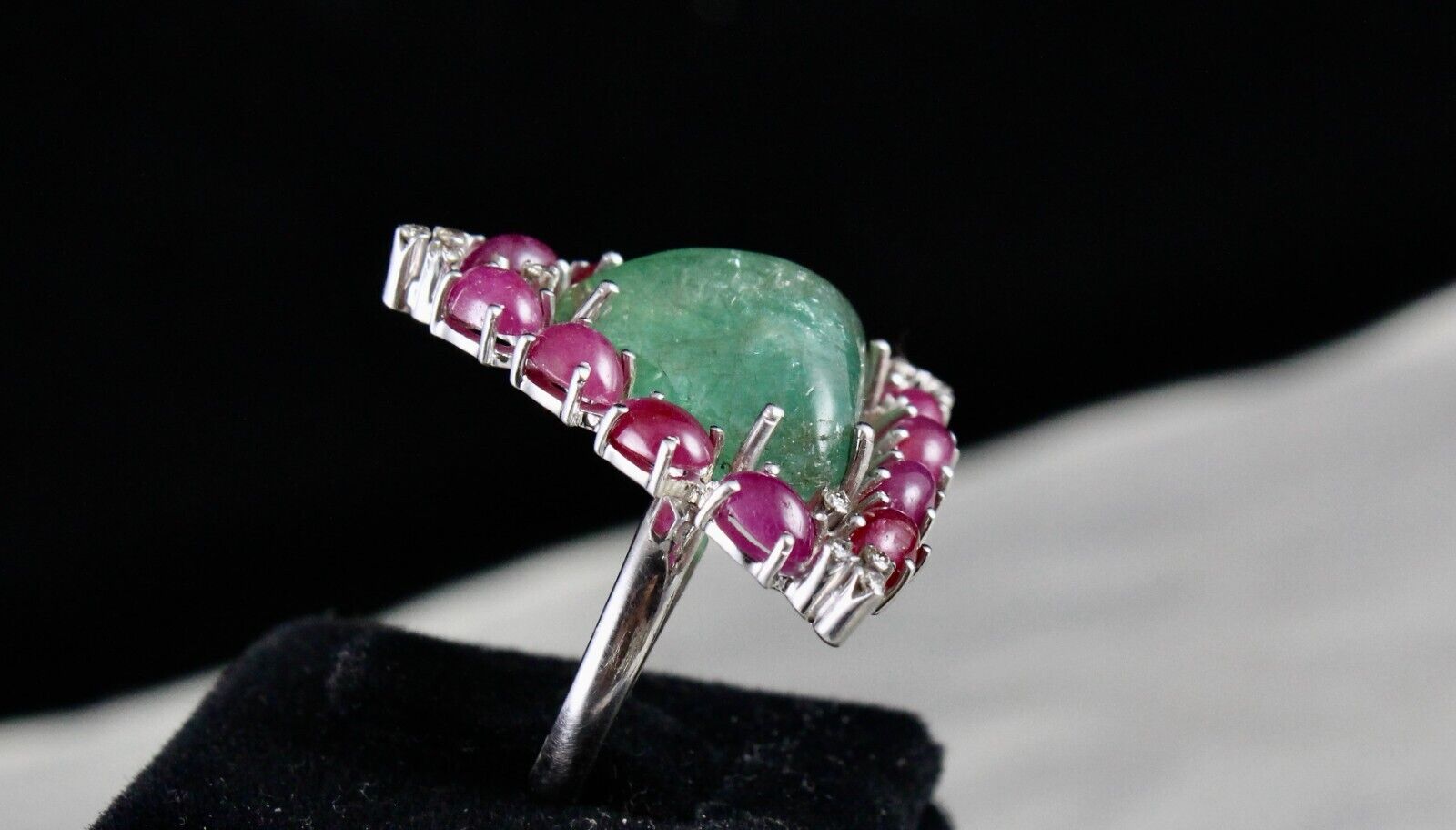 Antique Natural Emerald Ruby Cabochon Gemstone Diamond Silver Big Cocktail Ring
