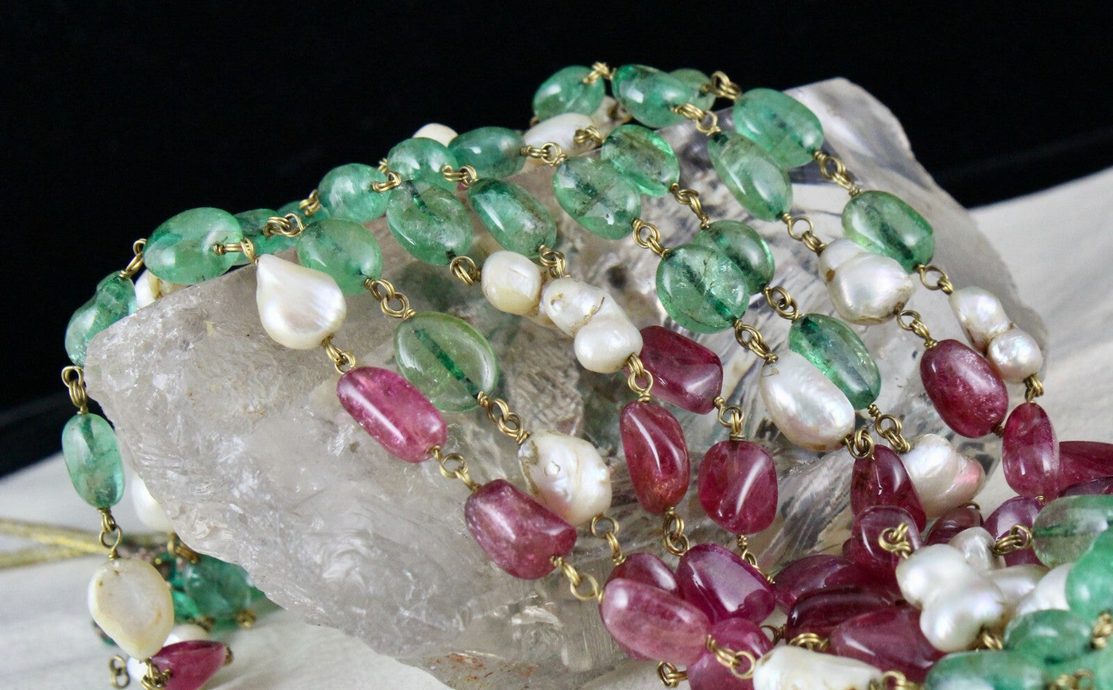 Certified Natural Colombian Emerald 10ct Tourmaline Pearl Gold Necklace