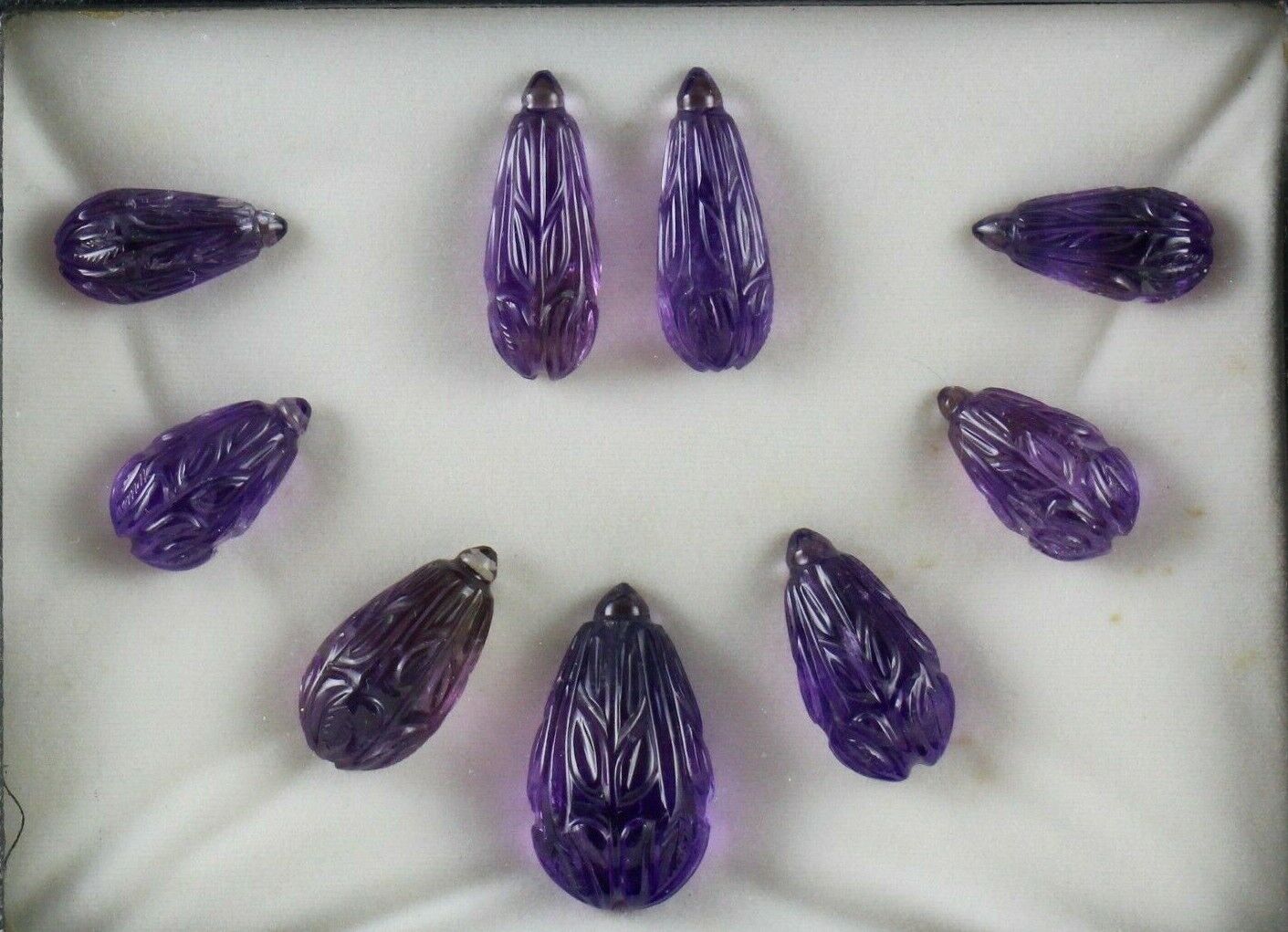 NATURAL AMETHYST CARVED DROPS 9 PCS 408 CTS LOOSE GEMSTONE EARRING NECKLACE SET