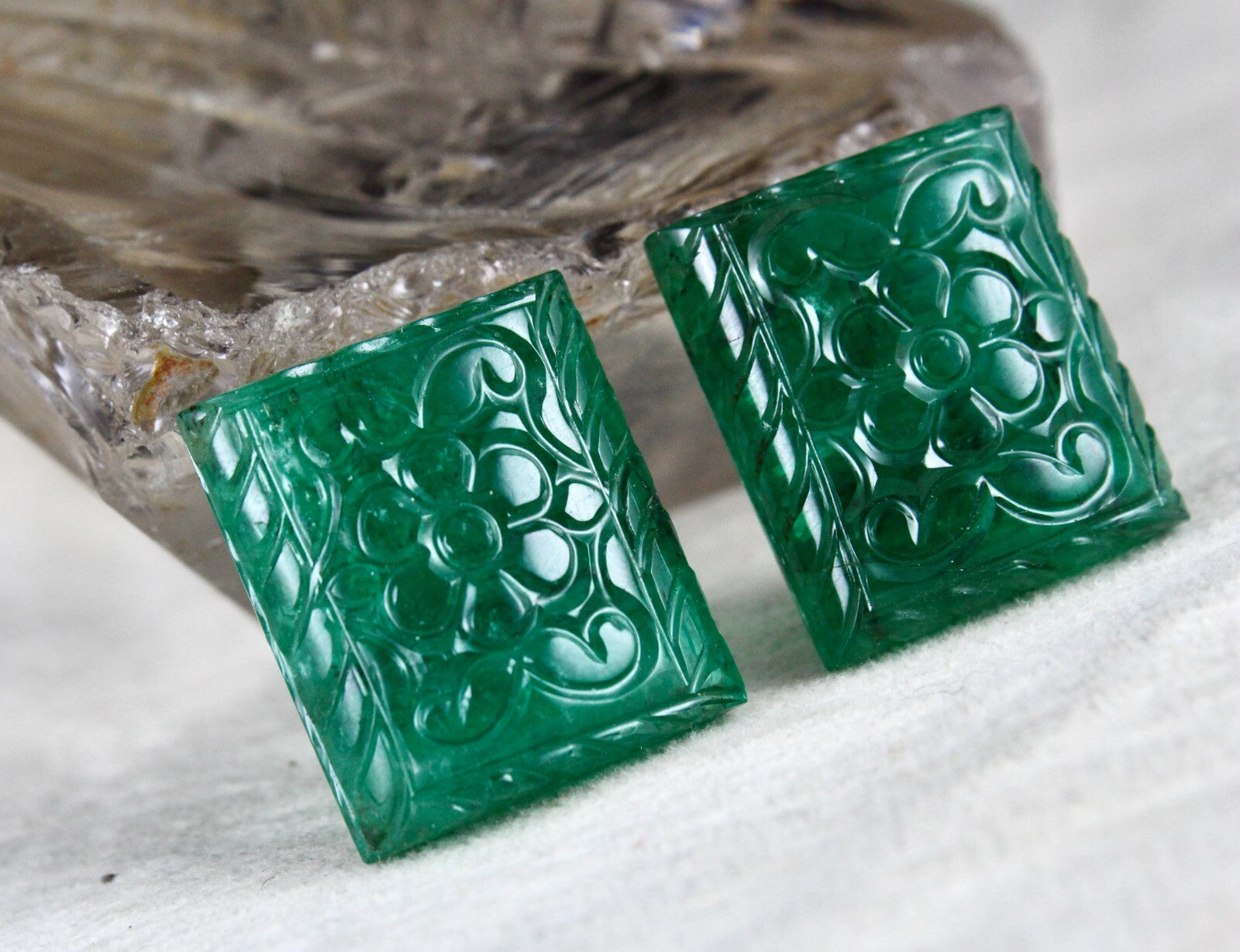 Certified Natural Emerald Mughal Carved 20x18mm 65.45ct Gemstone Earrings Pair