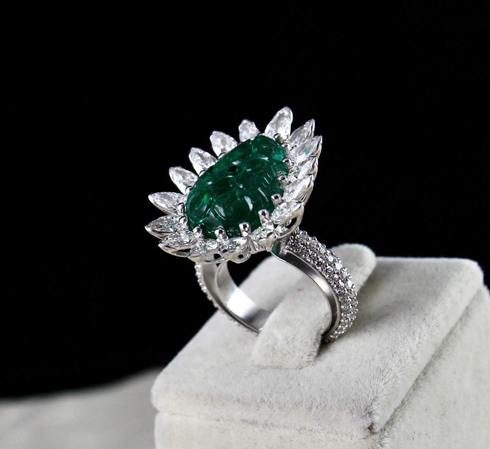 Certified Natural Zambian Emerald Carved Pear Natural Diamond 18k cocktail Ring