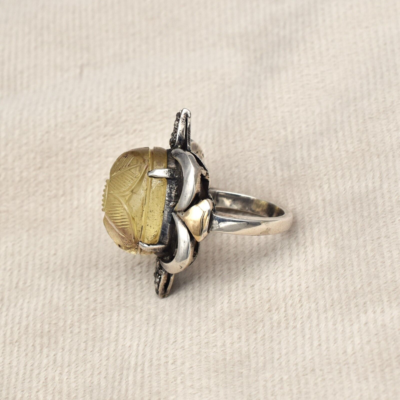 Antique Lemon Quartz Carved Diamond 18k Gold 925 Silver Ladies Victorian Ring