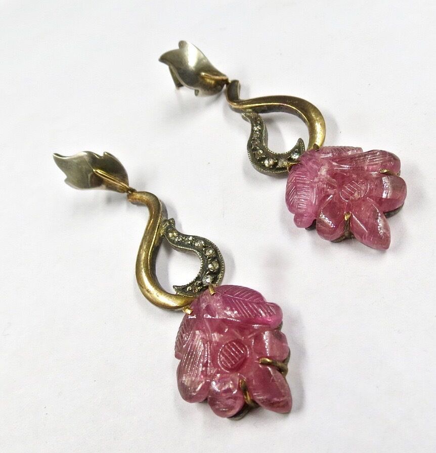 NATURAL PINK TOURMALINE CARVED DIAMOND 18K GOLD 925 SILVER VICTORIAN EARRING
