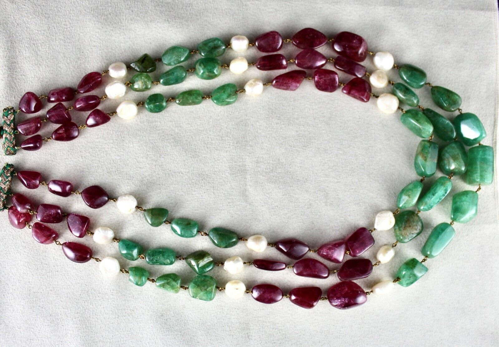 NATURAL EMERALD PINK TOURMALINE BEADS 940 CARATS PEARL 18K GOLD LADIES NECKLACE