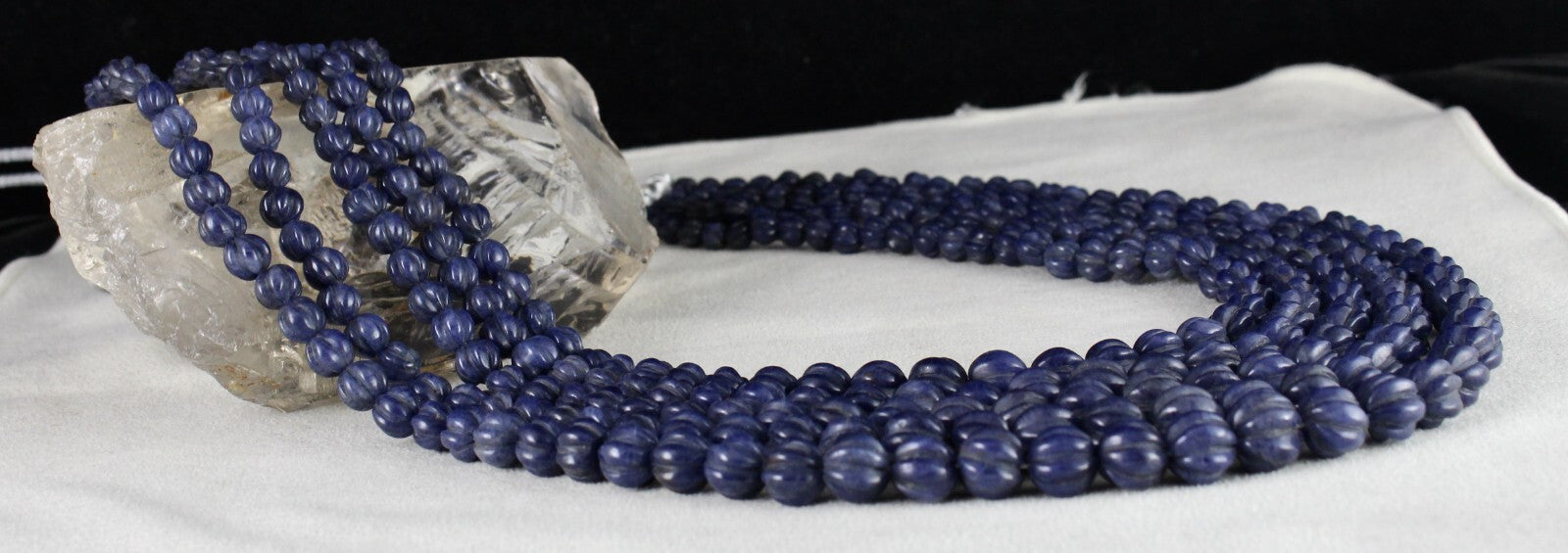 Natural Blue Jade 977 Ct Beads Carved Round Gemstone Necklace, 5 Line Fashion