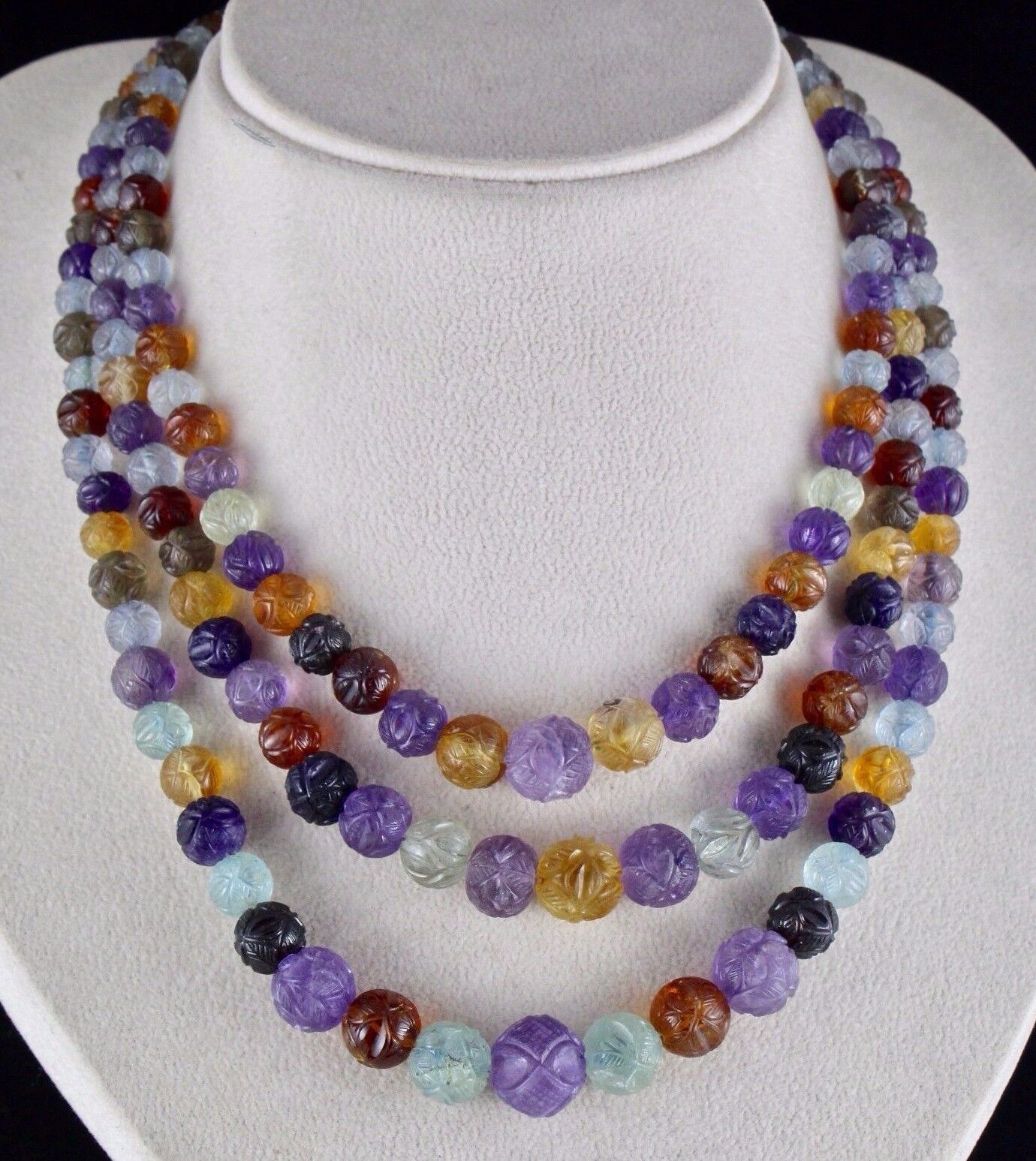 NATURAL MULTI AMETHYST CITRINE AQUAMARINE BEADS CARVED 708 CTS GEMSTONE NECKLACE