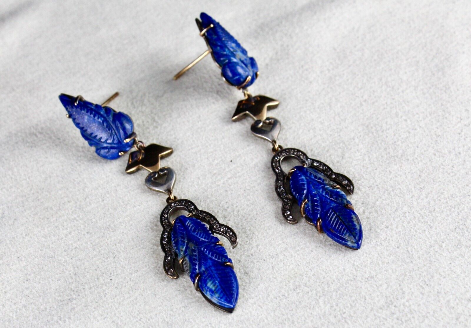 Natural Lapis Lazuli Engraved Leaf Diamond 18K Gold 925 Silver Victorian Earring