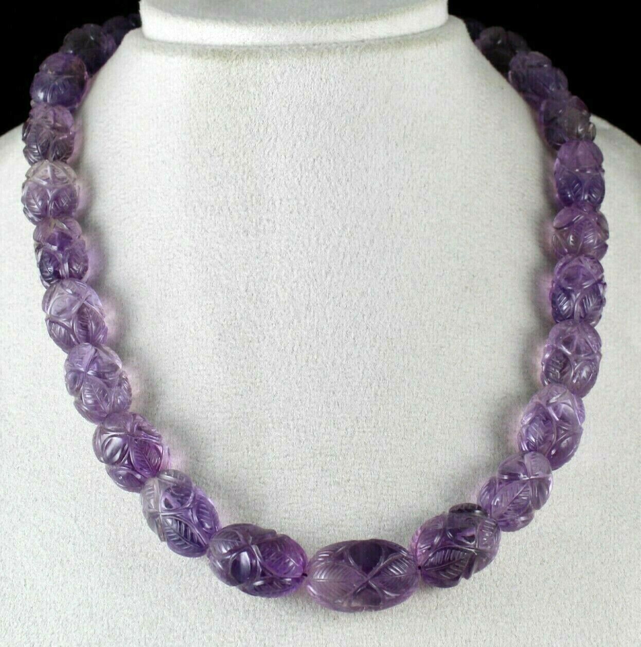 Natural Amethyst Engraved Beads 860 Ct Purple Gemstone Silver Vintage Necklace