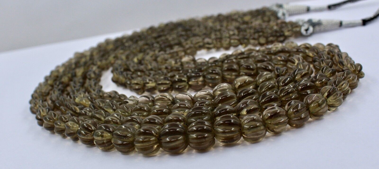 Natural Smoky Quartz Beads Carved Melon 4 L 762 Carats Antique Gemstone Necklace