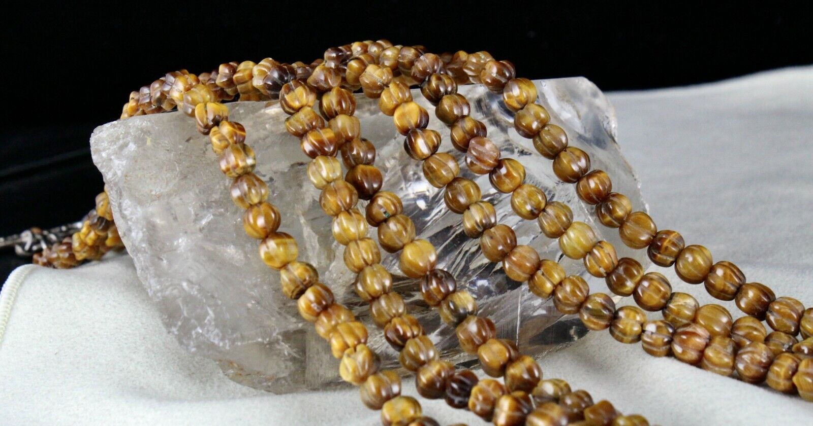 NATURAL TIGER EYE BEADS CARVED 3 LINE 593 CTS GEMSTONE LADIES ANTIQUE NECKLACE