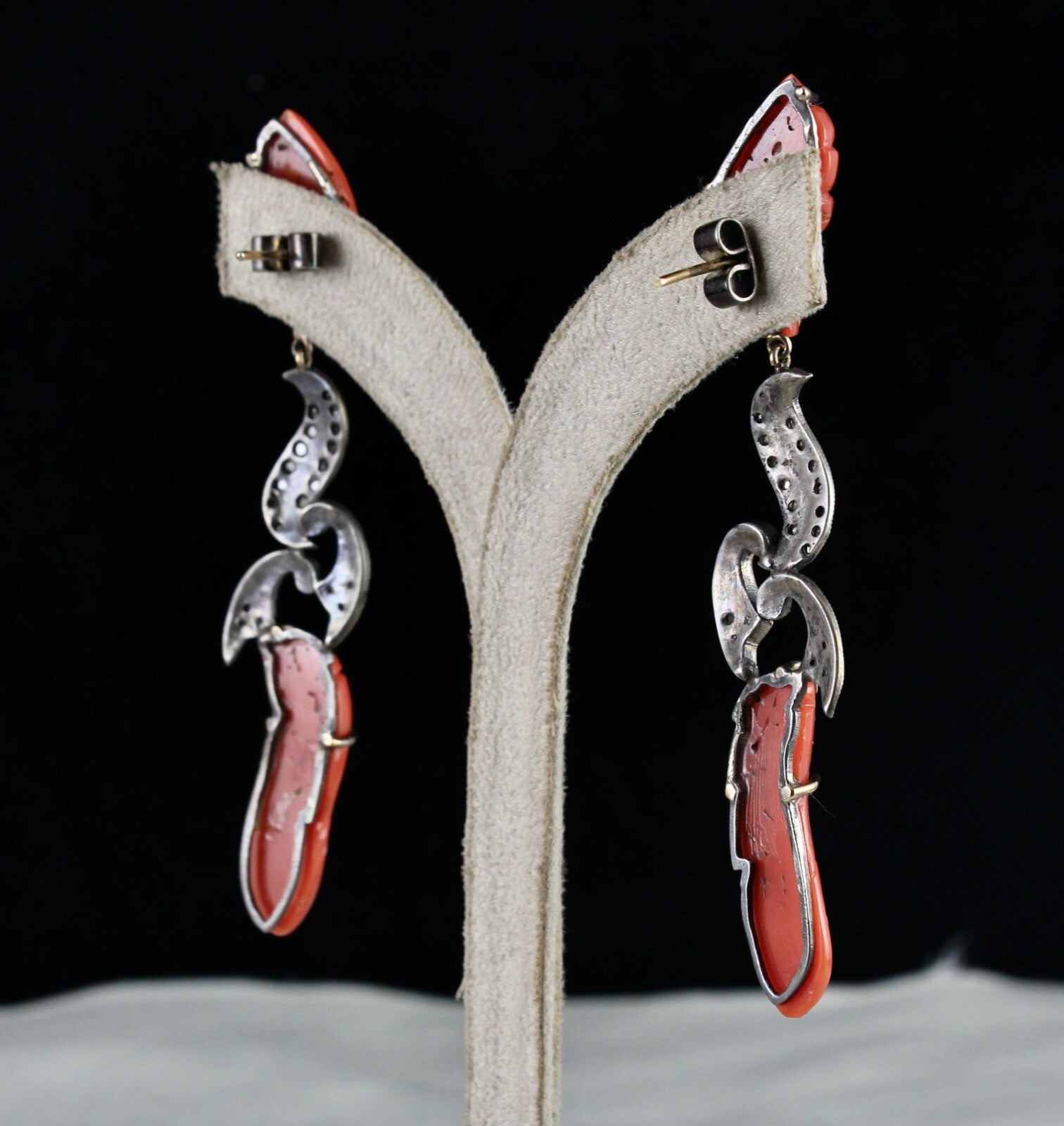 Estate Red Coral 10ct Natural Diamond 18k Gold 925 Sterling Silver Earrings
