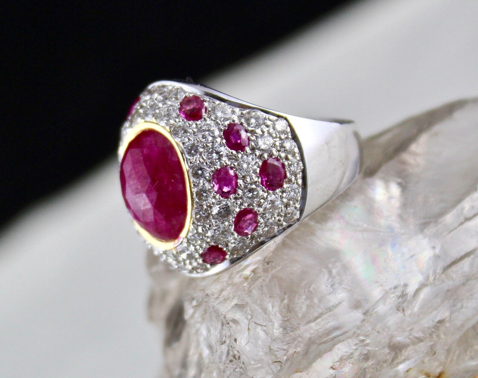 NATURAL NO HEAT BURMESE RUBY CABOCHON WHITE DIAMOND 18K GOLD COLLECTOR RING