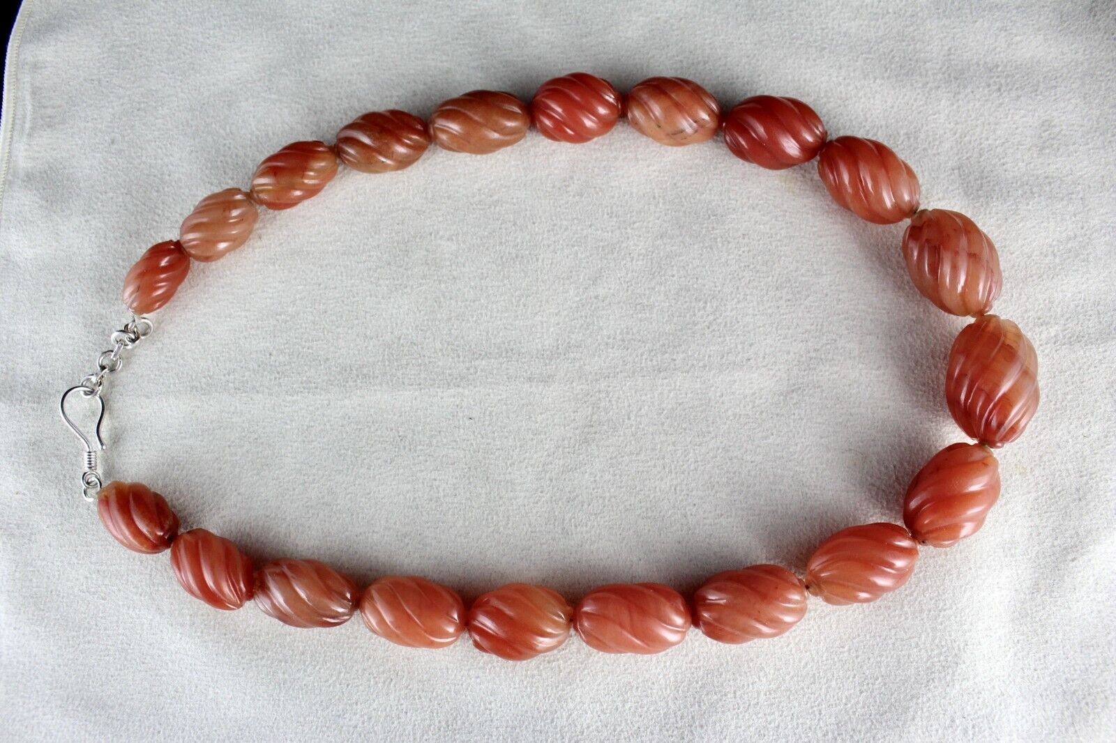 NATURAL ORANGE QUARTZ MELON CARVED BEADS 1 L 856 CARATS GEMSTONE SILVER NECKLACE