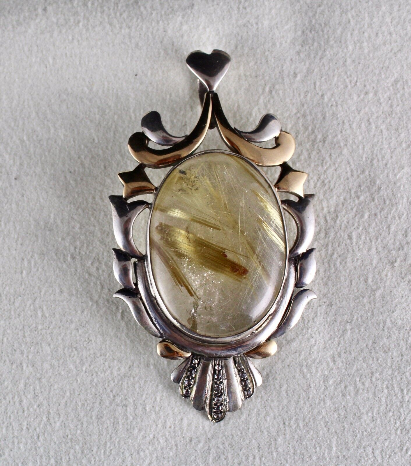 NATURAL RUTILE OVAL CABOCHON 18K GOLD DIAMOND 925 SILVER VICTORIAN PENDANT