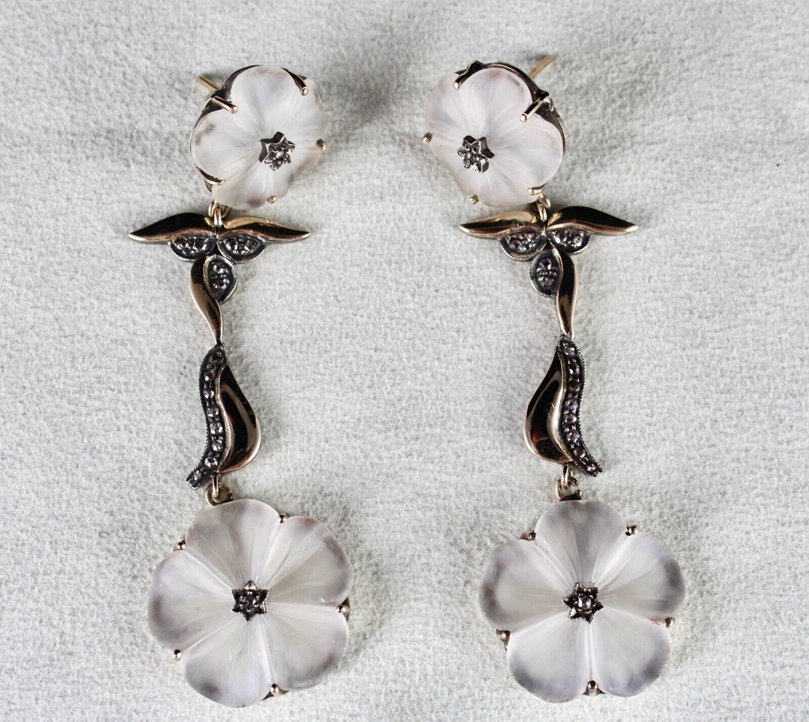NATURAL ROCK CRYSTAL QUARTZ CARVED DIAMOND 18K GOLD 925 SILVER VICTORIAN EARRING