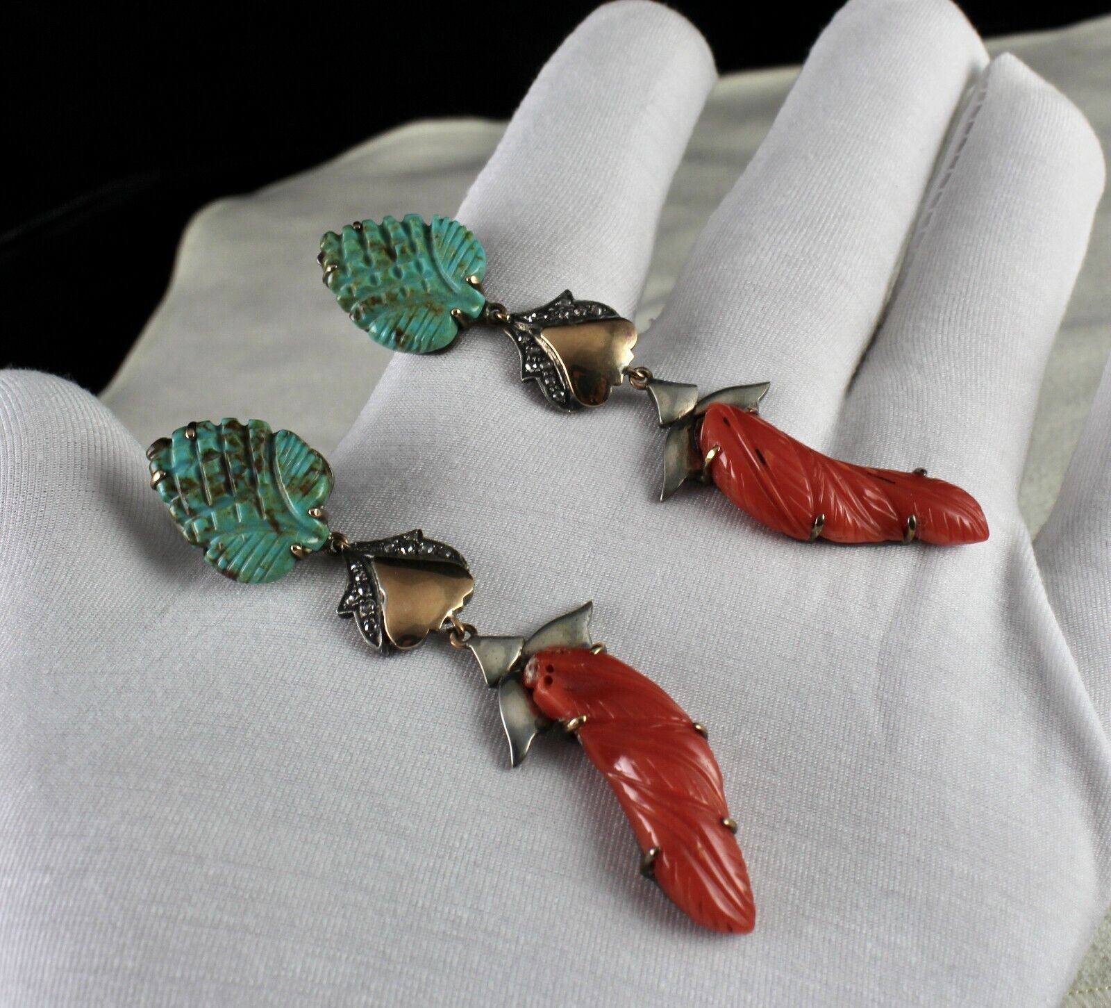 NATURAL TURQUOISE CORAL CARVED DIAMOND 18K GOLD 925 SILVER VICTORIAN EARRING