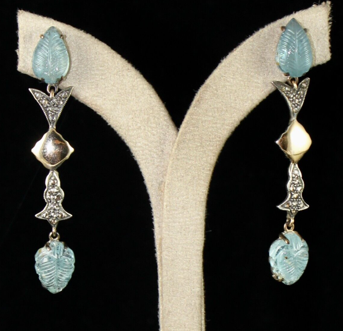 NATURAL BLUE AQUAMARINE CARVED DIAMOND 18K GOLD 925 SILVER VICTORIAN EARRING