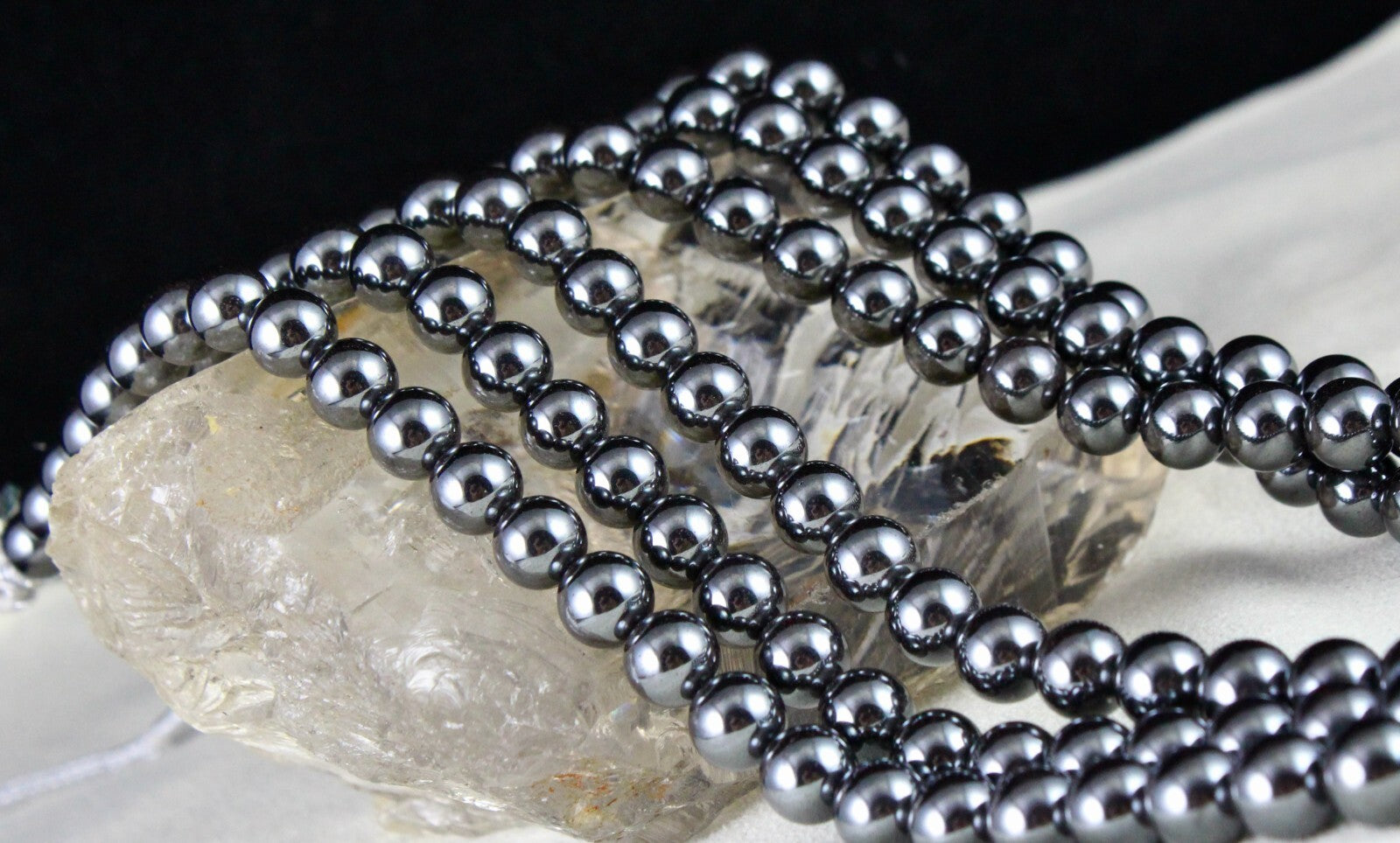 Natural Hematite Beads 3 Line 8mm 1160 Ct Round Black Gemstone Necklace
