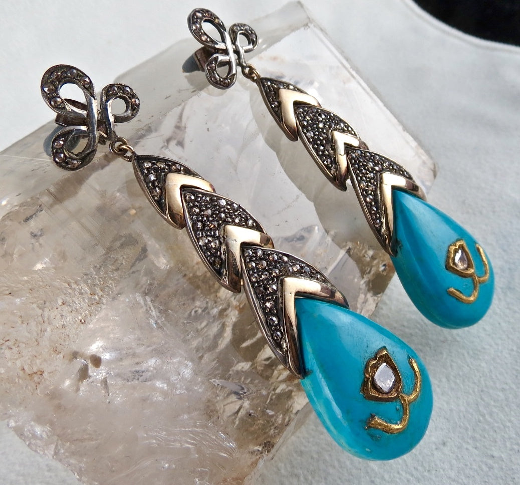 Certified Natural Diamond Turquoise 18k Gold 925 Sterling Silver Earrings 10ct