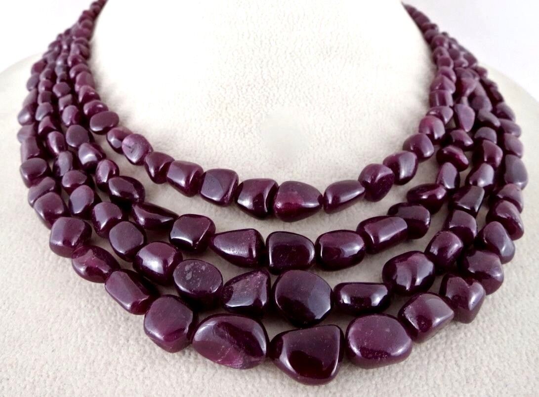NATURAL NO HEAT RUBY BEADS LONG 4 LINE 803 CARATS GEMSTONE LADIES NECKLACE