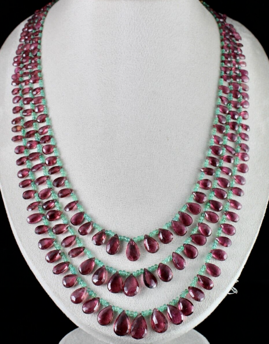 NATURAL TOURMALINE RUBELLITE TEARDROPS EMERALD BEADED 3L 596 CT FINEST NECKLACE