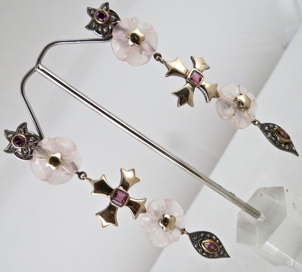 Natural Rose Quartz Carved Garnet Diamond 18K Gold 925 Silver Victorian Earring