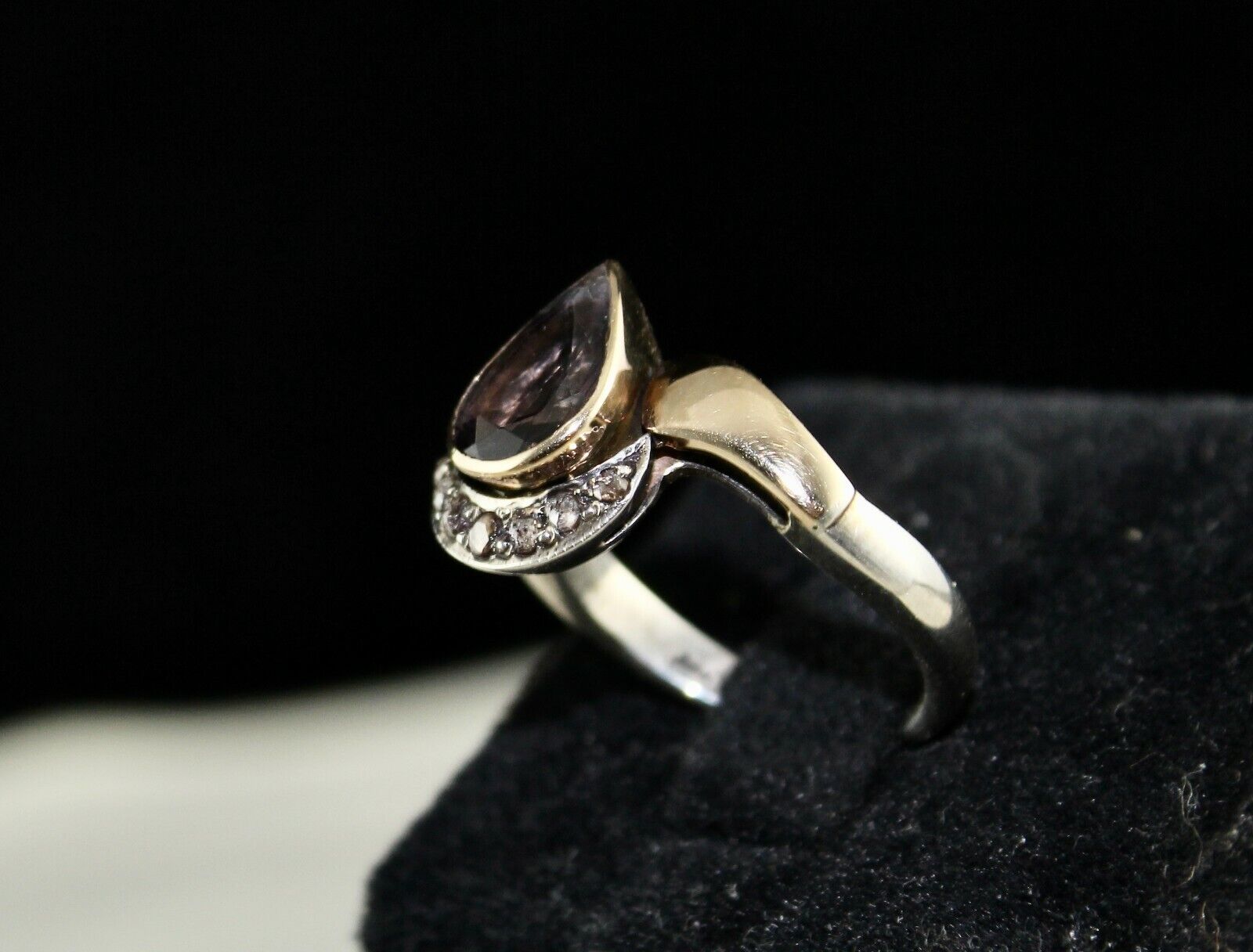 OLD NATURAL BLUE IOLITE PEAR CUT DIAMOND 18K GOLD SILVER VICTORIAN WOMEN RING