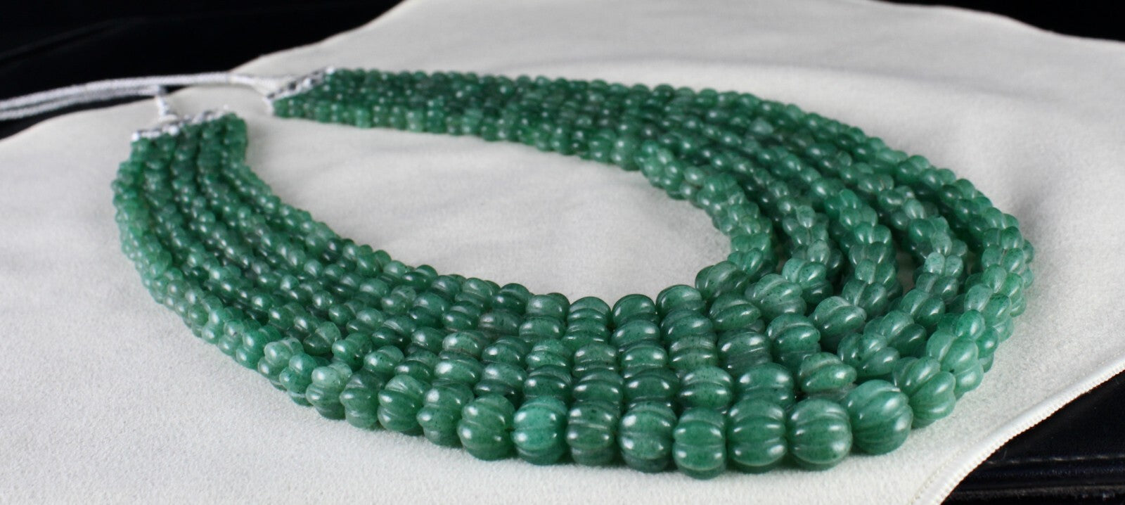 Natural Green Quartz Melon Beaded Necklace 1153 Ct 5 Line Old Carved Gemstone