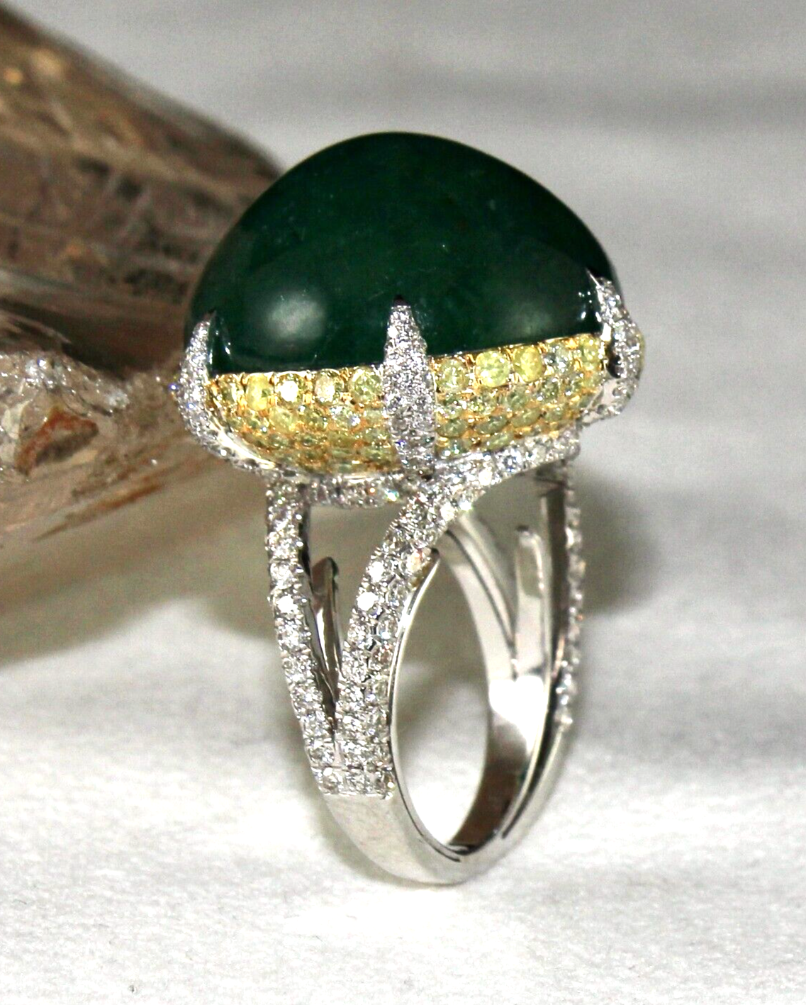 Natural Zambian Emerald Cabochon Yellow Diamond 18K Gold Gemstone Statement Ring