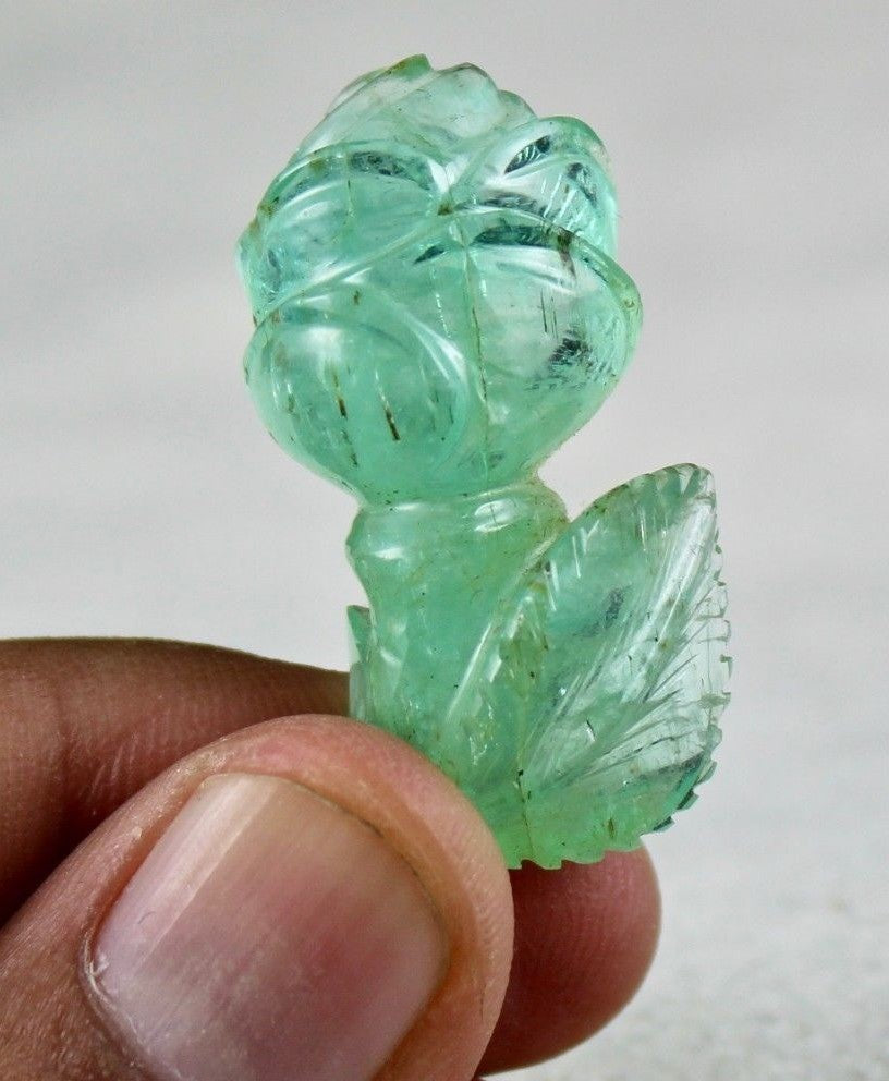 Certified Gtl Natural Colombian Emerald 49 Ct Carved Rose Loose Gemstone