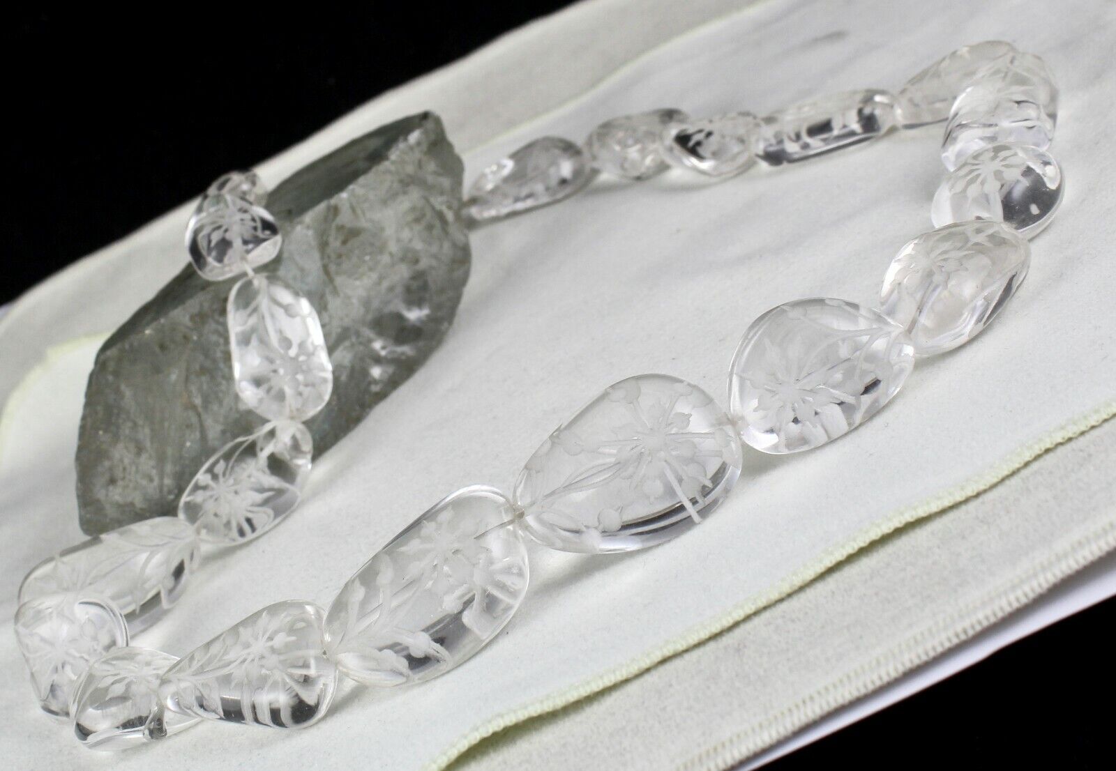 NATURAL ROCK CRYSTAL QUARTZ BEADS ENGRAVED 1 LINE 884 CARATS GEMSTONE NECKLACE