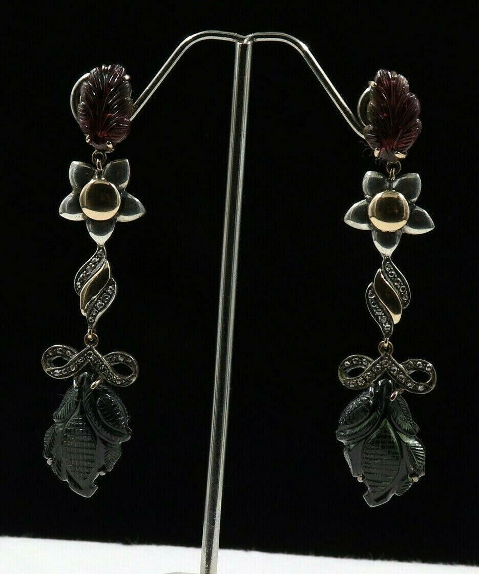 Natural Multi Tourmaline Carved Diamond 18K Gold Silver Victorian Fine Earring