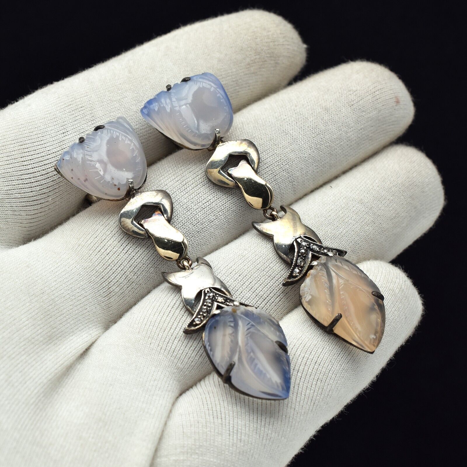 Vintage Blue Chalcedony Carved Diamond 18K Gold Silver Dangle Victorian Earring