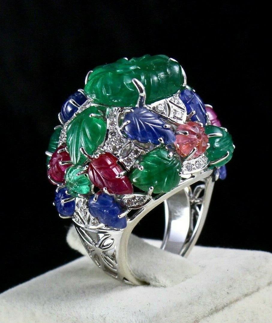Certified Emerald Spinel Ruby 10ct Natural Diamond 18k Gold Tutti Frutti Ring