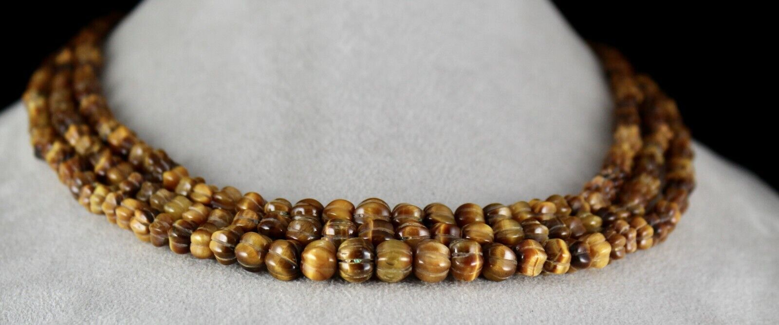 NATURAL TIGER EYE BEADS CARVED 3 LINE 593 CTS GEMSTONE LADIES ANTIQUE NECKLACE