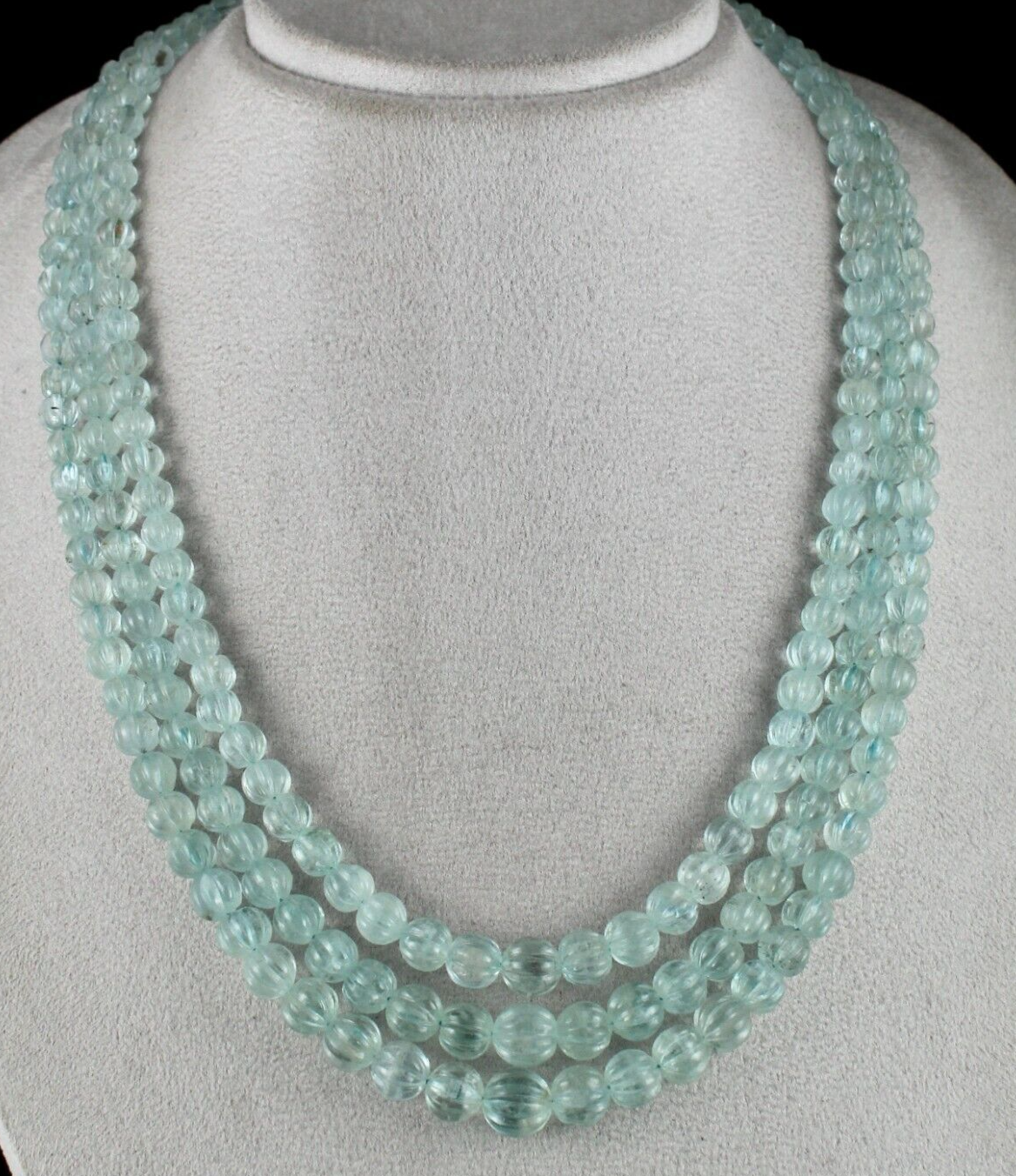 Certified Natural Aquamarine 597 Ct Carved Beads Melon Necklace For Women
