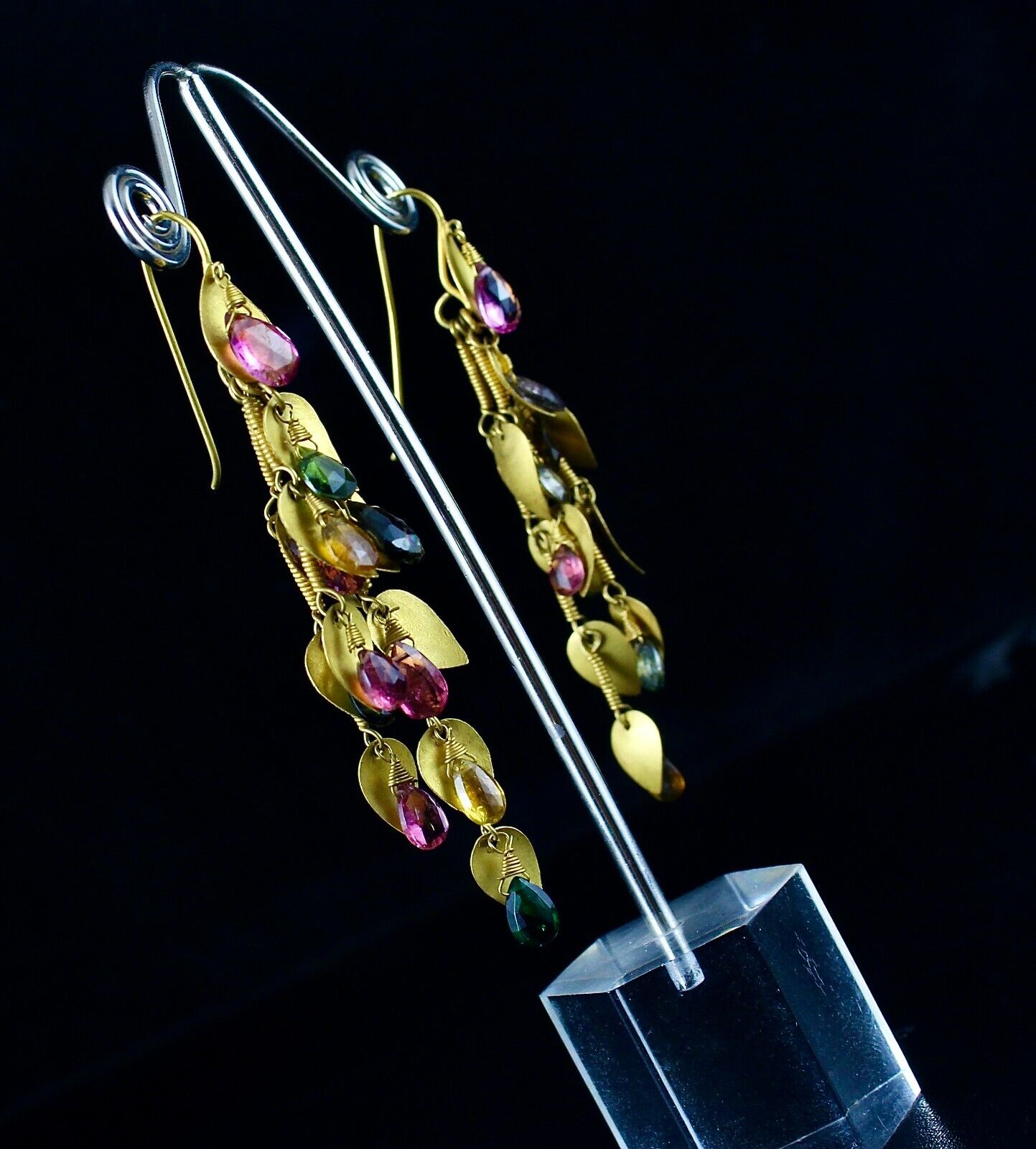 Fine Designer Multi Colour Tourmaline Teardrops 18K Yellow GOLD Leaves Earring