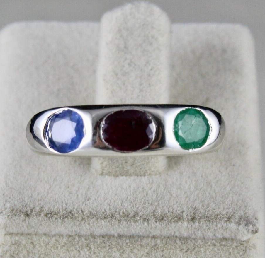 Elegant Natural Ruby 42.5ct Emerald Sapphire Silver Oval Cut Gemstone Ring