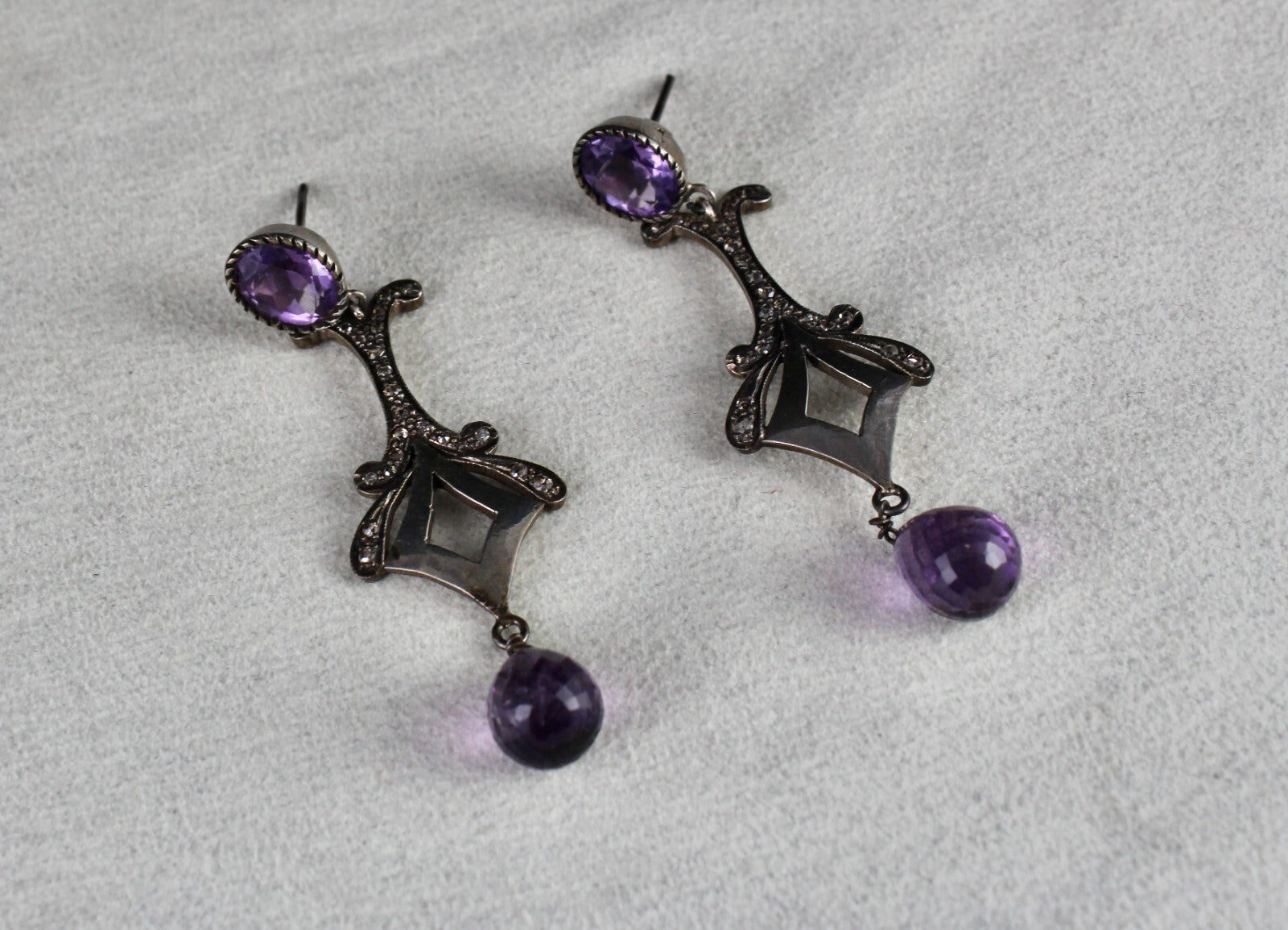 Natural Amethyst 10ct Teardrop Natural Diamond 925 Sterling Silver Earrings